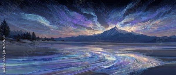 Obraz winter mountain landscape with aurora borealis