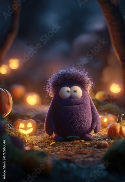 Obraz 不気味な森の中で光るカボチャを持った紫色の幽霊。