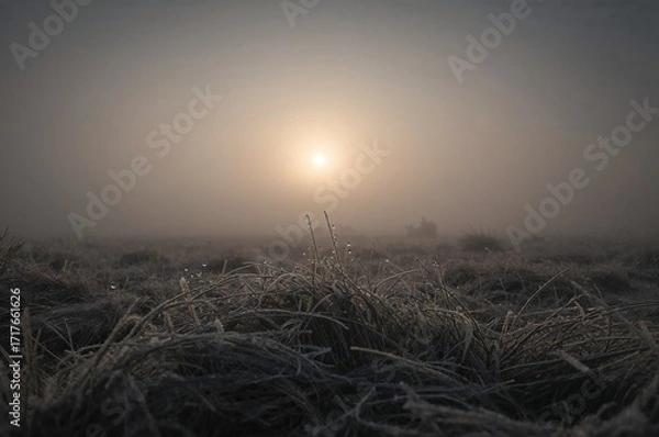 Obraz Reif bedecktes Gras in Nebel bei Sonnenaufgang über weiter Ebene