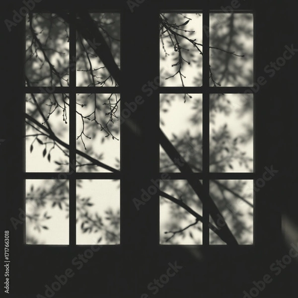 Obraz shadow overlay effects of realistic window and tree branch shadow with light blur on transparent background,Summer sunlight and shadow overlay effect