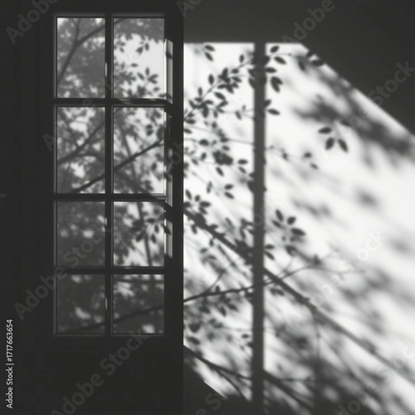 Obraz shadow overlay effects of realistic window and tree branch shadow with light blur on transparent background,Summer sunlight and shadow overlay effect