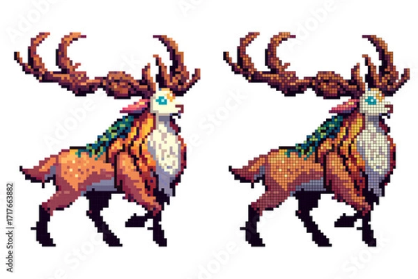 Fototapeta A detailed pixel art scene depicts a majestic creature of a magical deer with large antlers