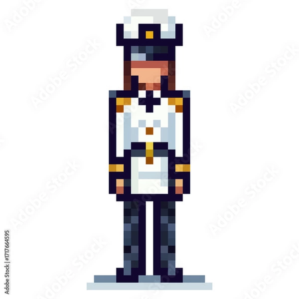 Fototapeta A female officer dressed in a formal white uniform with navy blue details and gold accents stands upright. The artwork is in pixel art style, showcasing a classic military look