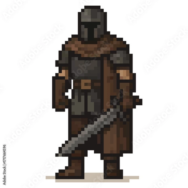 Fototapeta A pixel art character wearing dark armor and a cloak stands confidently, gripping a sword. The warrior is designed in a retro style, suggesting a video game theme