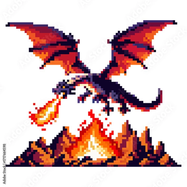 Fototapeta A dragon with fiery wings breathes flames while flying over a mountain landscape. This pixel art scene captures the energy of the creature and the flames below, showcasing vivid colors