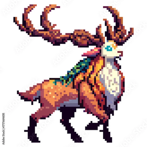 Obraz A detailed pixel art scene depicts a majestic creature of a magical deer with large antlers