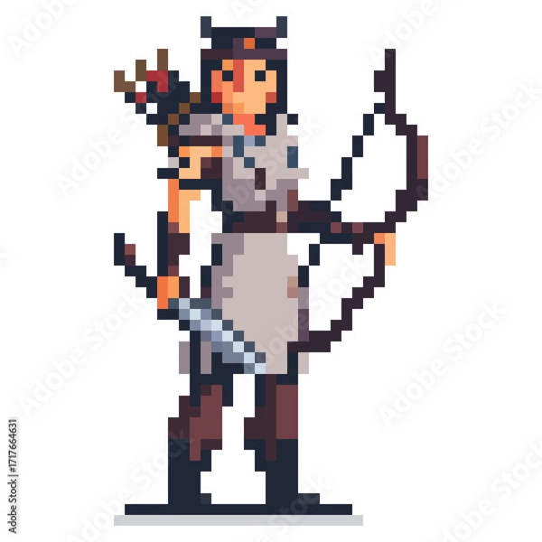 Fototapeta This pixel art features a female archer standing confidently with a bow and quiver. She wears a simple outfit and holds a sword, set against a neutral background suggesting a fantasy theme