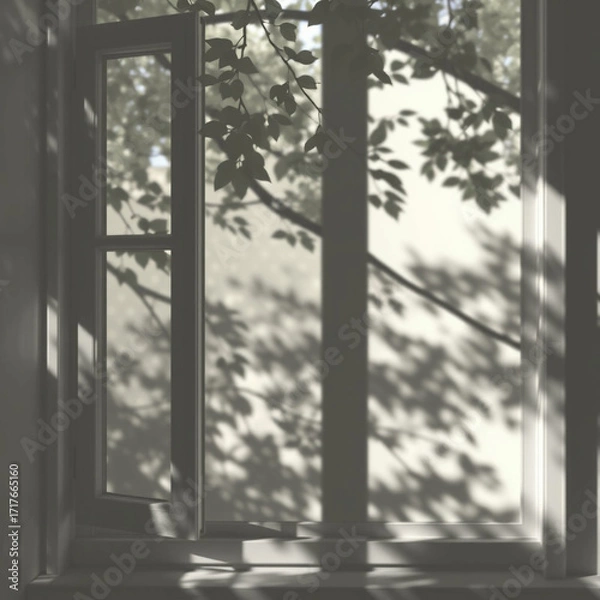 Obraz shadow overlay effects of realistic window and tree branch shadow with light blur on transparent background,Summer sunlight and shadow overlay effect