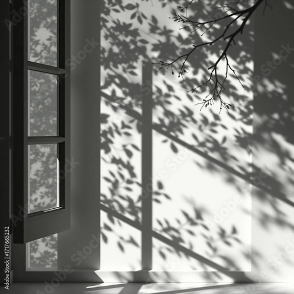 Obraz shadow overlay effects of realistic window and tree branch shadow with light blur on transparent background,Summer sunlight and shadow overlay effect