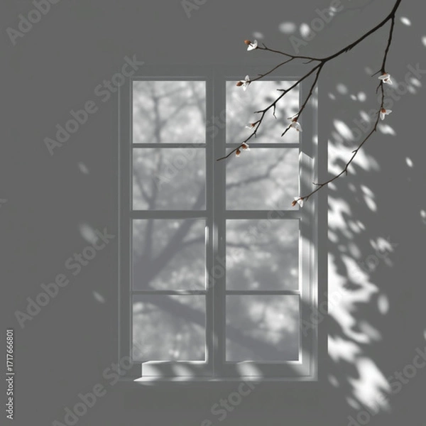 Obraz shadow overlay effects of realistic window and tree branch shadow with light blur on transparent background,Summer sunlight and shadow overlay effect