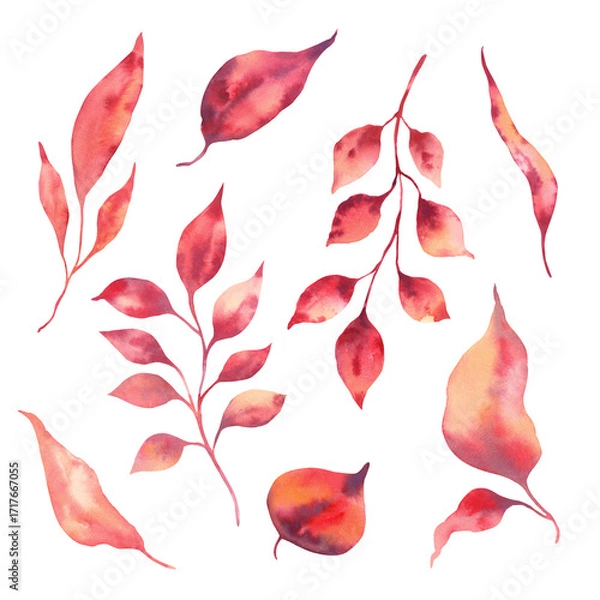 Obraz Watercolor set of abstract leaves and branches in warm autumn tones. Hand-painted botanical elements isolated on a white background. For fall design, invitations, posters, packaging, fabric prints.