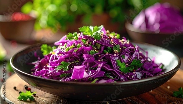 Fototapeta Red Cabbage Salad with Parsley and Seeds in Dark Bowl on Wooden Table