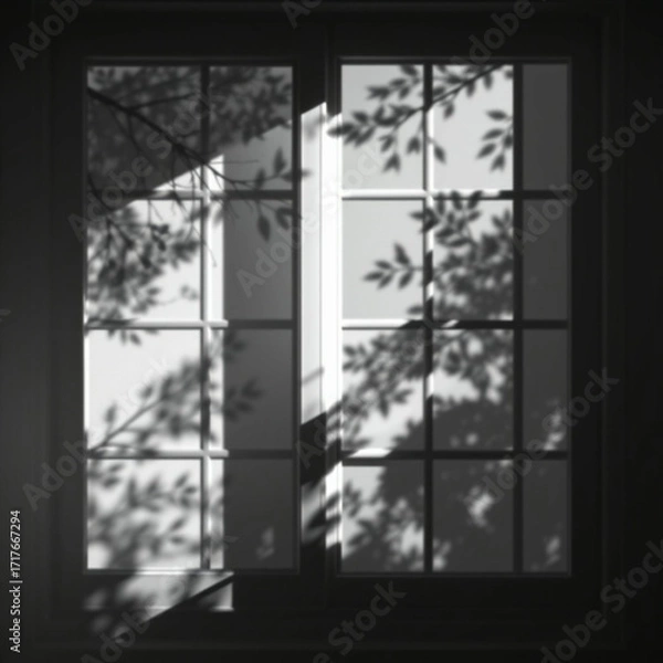 Obraz shadow overlay effects of realistic window and tree branch shadow with light blur on transparent background,Summer sunlight and shadow overlay effect