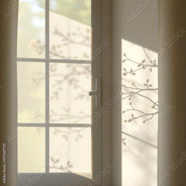 Obraz shadow overlay effects of realistic window and tree branch shadow with light blur on transparent background,Summer sunlight and shadow overlay effect