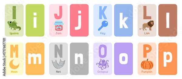 Fototapeta Alphabet colorful flash card with illustration	