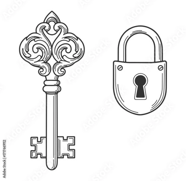 Fototapeta Elegant antique key and padlock illustration in intricate black and white design