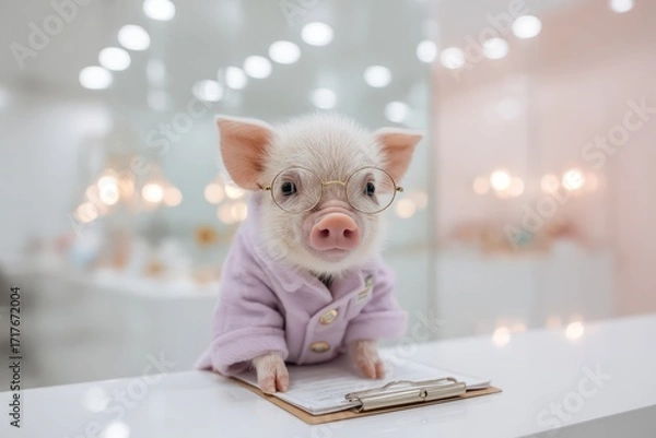 Fototapeta An adorable miniature pig wearing glasses and a jacket attentively reviews documents on a clipboard in a bright, clean, modern office setting, perfect for creative design