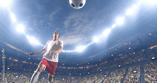 Fototapeta Soccer player kicks the ball on the soccer stadium. He wear unbranded sports clothes. Stadium and crowd made in 3D.