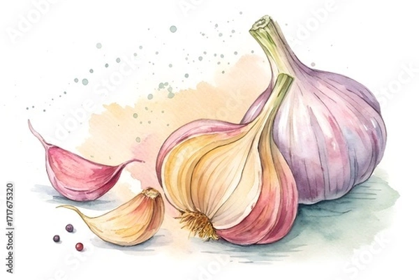 Fototapeta Vibrant watercolor painting of garlic bulbs and cloves with playful splatters perfect for culinary projects, recipe illustrations, and food-themed designs