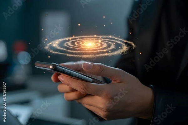 Fototapeta Person holding phone displaying galaxy symbolizing innovation technology and future connection