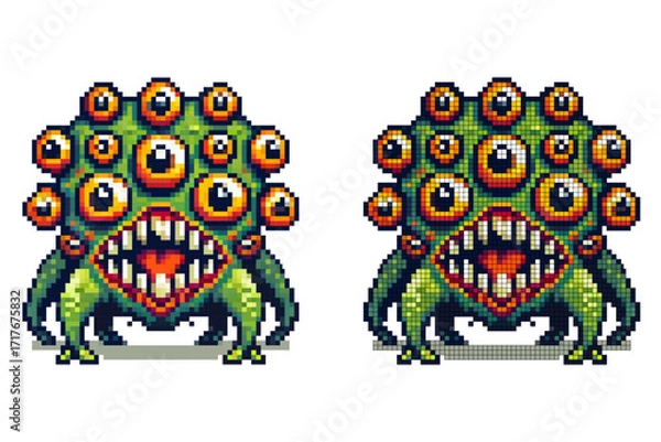 Fototapeta A vibrant, pixelated monster features numerous large eyes and sharp teeth, showcasing a unique design. This creature stands out with green and yellow colors, perfect for a fantasy game setting