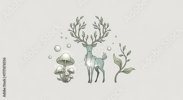 Fototapeta Elegant Illustration of a Forest Spirit Deer with Leafy Antlers, Glowing Mushrooms, and Magical Orbs