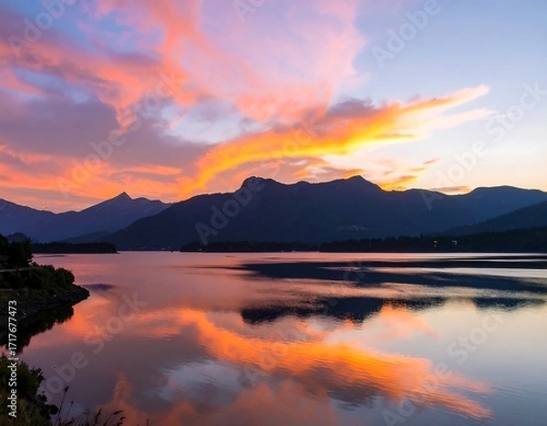 Obraz Stunning sunset over a lake reflecting the fiery sky