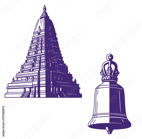 Fototapeta Vector illustration of a detailed temple and bell design isolated on a white background