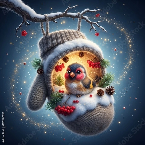 Obraz Winter bird in mitten nest with berries and pinecones in magical style, blue and red colors, Christmas and holiday season concept