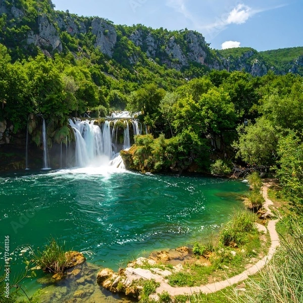 Obraz Stunning waterfall cascading into a tranquil emerald pool, surrounded by lush greenery and mountains