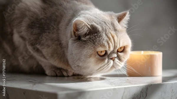 Fototapeta Calm Glow Moment: Curious British Shorthair Cat Gazing at a Minimalist Scented Candle on Marble Table

