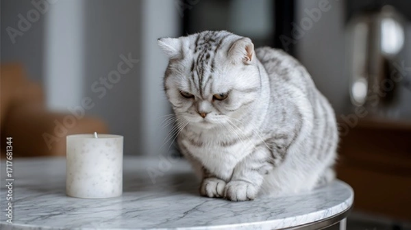 Fototapeta Calm Glow Moment: Curious British Shorthair Cat Gazing at a Minimalist Scented Candle on Marble Table

