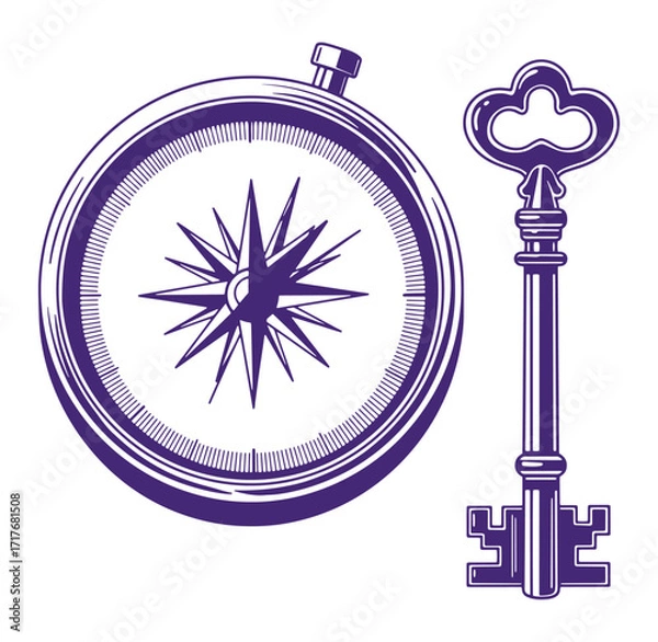 Fototapeta Vintage compass and key illustration representing direction and guidance symbols