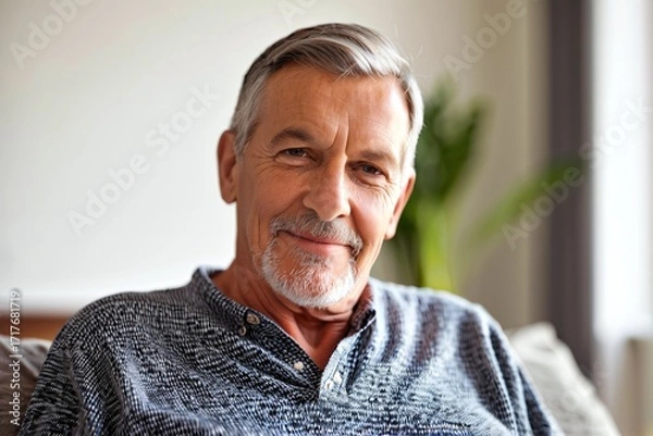 Fototapeta Portrait of a mature man relaxing at home with copy space