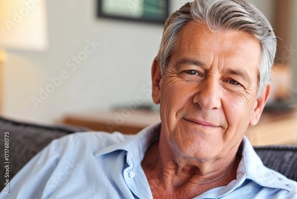 Fototapeta Portrait of a mature man relaxing at home with copy space