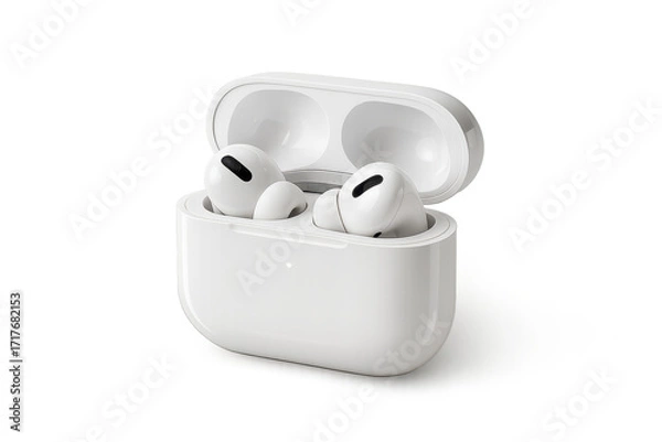 Obraz Wireless earbuds in a charging case, isolated on transparent background, white