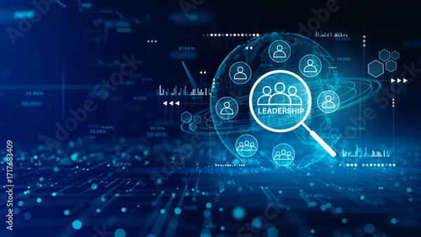 Obraz Futuristic digital concept showing leadership search and team management with data network, magnifying glass, and global tech background. 3d Rendering