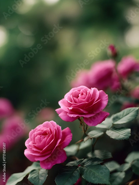 Fototapeta Pink roses blooming in the garden with natural blurred background.