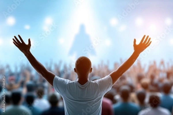 Fototapeta A person with arms raised in worship or reverence faces a luminous, blurry figure above a crowd, symbolizing spiritual awakening.