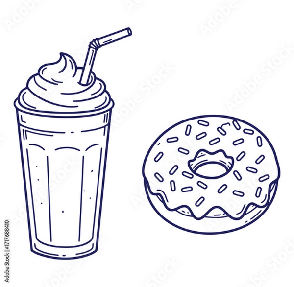 Fototapeta Hand drawn illustration of a milkshake and a donut with colorful sprinkles on white background