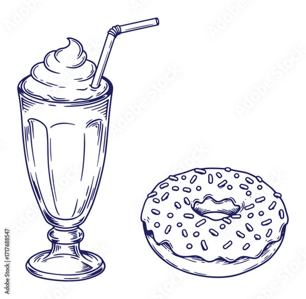 Fototapeta Hand drawn milkshake with whipped cream and sprinkled donut dessert isolated on white