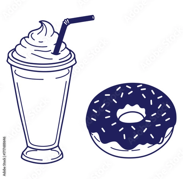 Fototapeta Simple vector illustration of a delicious milkshake and a sweet glazed donut dessert