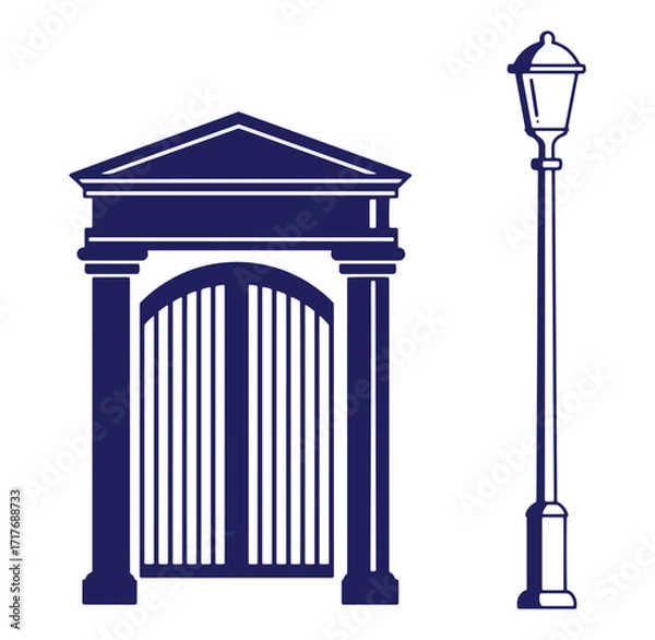 Fototapeta Vector illustration of elegant gate with columns and classic street lamp on white