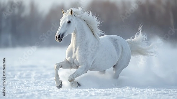 Obraz Magnificent white horse gallops powerfully across the snowy field in winter, showing freedom