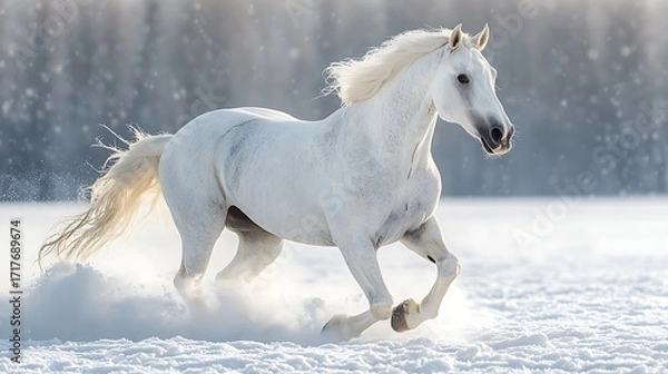 Obraz Majestic white horse gallops powerfully through deep snow covered field during light snowfall
