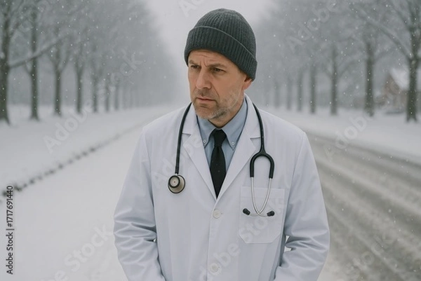 Fototapeta Doctor standing outdoors in snowy winter storm with stethoscope and medical coat, healthcare professional showing dedication, responsibility, and commitment in harsh cold environment.