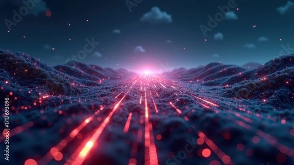 Fototapeta Abstract Digital Landscape with Glowing Textures and Light Rays