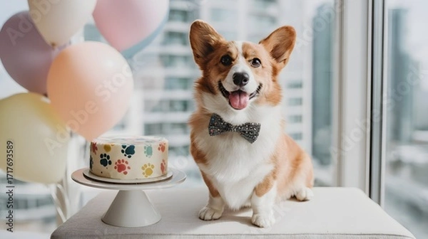 Fototapeta Sky-High Birthday Cheer: Dapper Corgi with Bow Tie, Balloons, and Paw-Print Cake in a Modern City Apartment