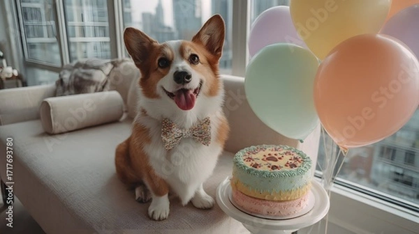 Fototapeta Sky-High Birthday Cheer: Dapper Corgi with Bow Tie, Balloons, and Paw-Print Cake in a Modern City Apartment