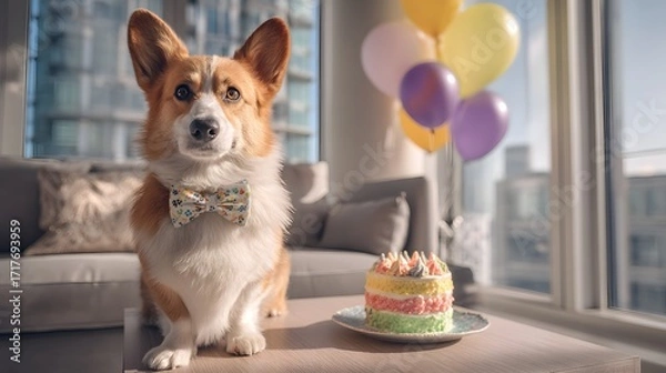 Fototapeta Sky-High Birthday Cheer: Dapper Corgi with Bow Tie, Balloons, and Paw-Print Cake in a Modern City Apartment